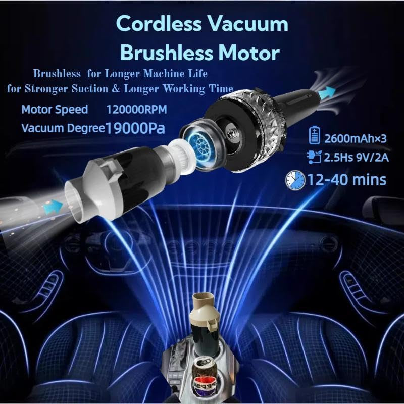 Portable Cordless Car Vacuum Cleaner Suction Power 19000Pa with Brushless Motor, Handheld Mini Vacuum Cleaner with Multiple Attachments, 3 Suction Modes,Rechargeable (Golden)