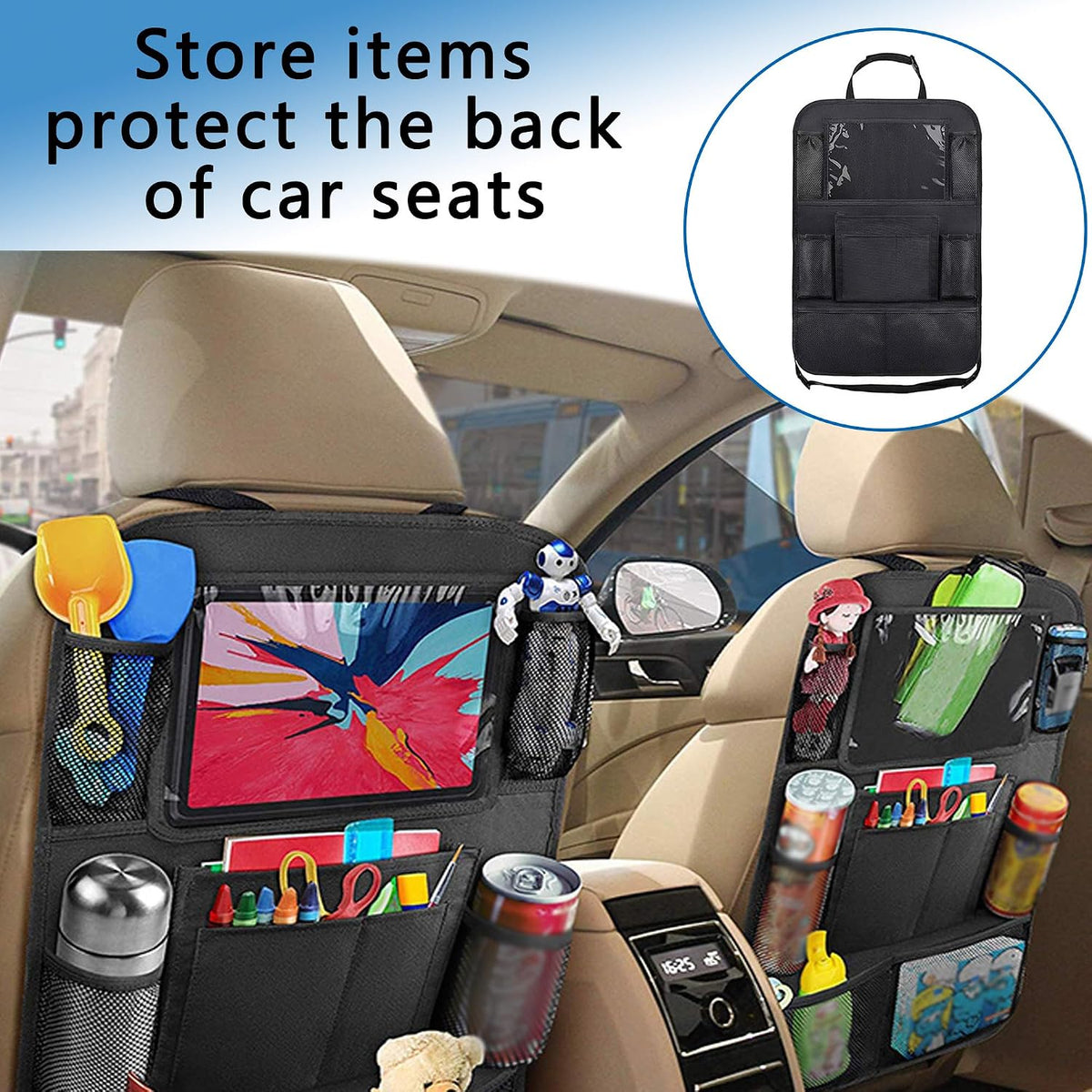 2PCS Car Seat Back Organizer,Extra Large Capacity Car Seat Organizer with 6 Mesh Pocket,2 Cup Holder & 4 Storage Bag,Road Trip Essentials for Kids & Adults