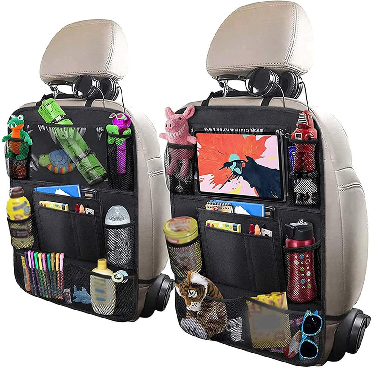 2PCS Car Seat Back Organizer,Extra Large Capacity Car Seat Organizer with 6 Mesh Pocket,2 Cup Holder & 4 Storage Bag,Road Trip Essentials for Kids & Adults