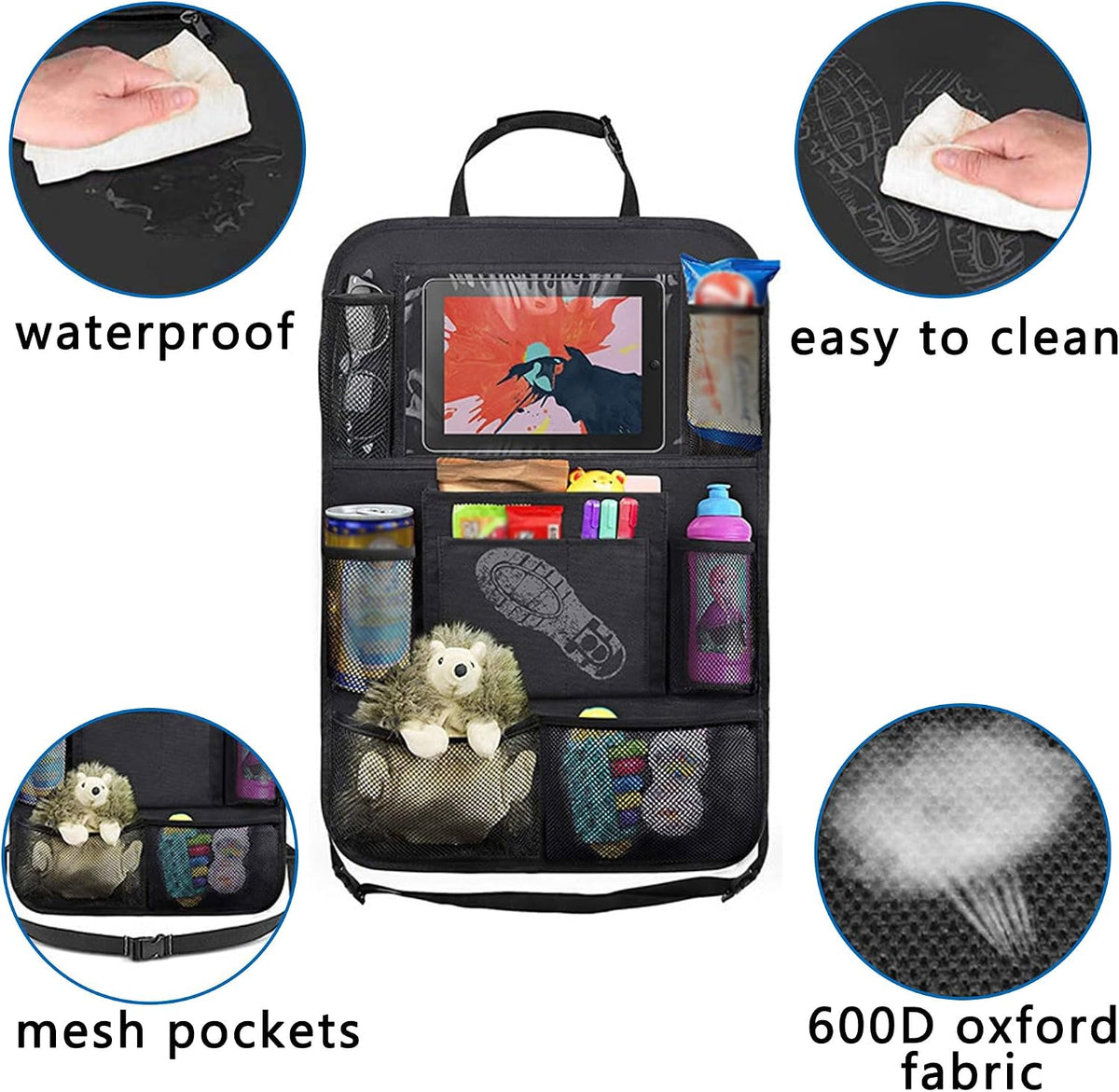 2PCS Car Seat Back Organizer,Extra Large Capacity Car Seat Organizer with 6 Mesh Pocket,2 Cup Holder & 4 Storage Bag,Road Trip Essentials for Kids & Adults